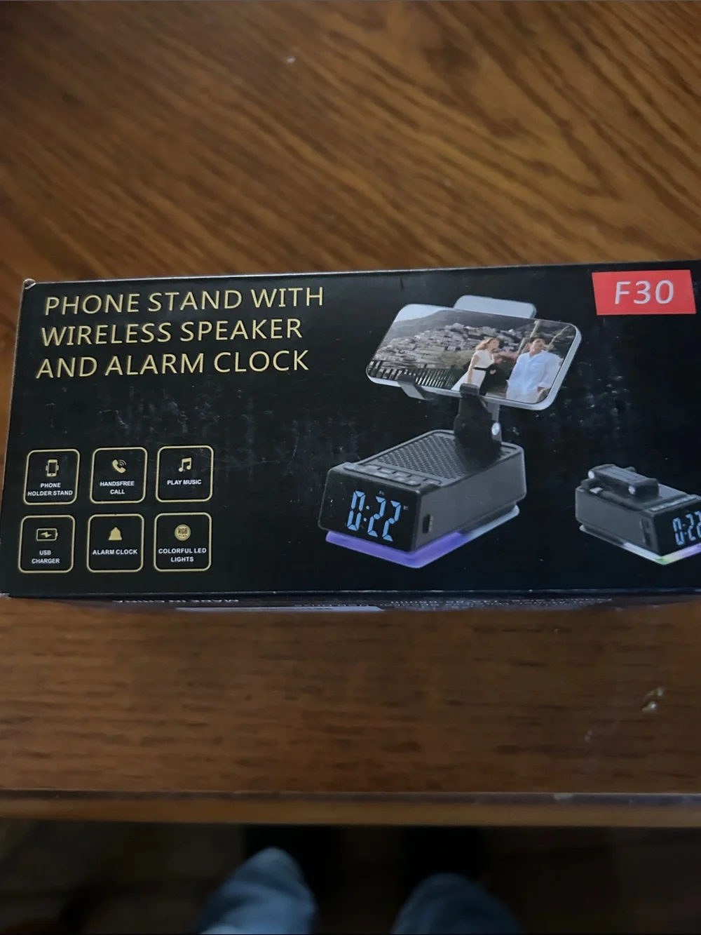 F30 Wireless Phone Stand with Speaker and Alarm Clock - Black/Purple Accent
